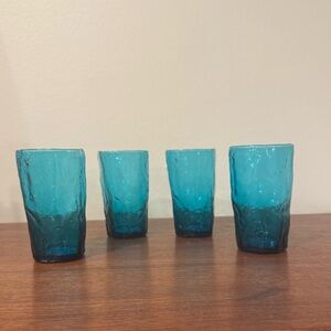4 Morgantown CRINKLE Peacock Blue Tumblers 4” Tall 8oz USA Made 1950s EUC
